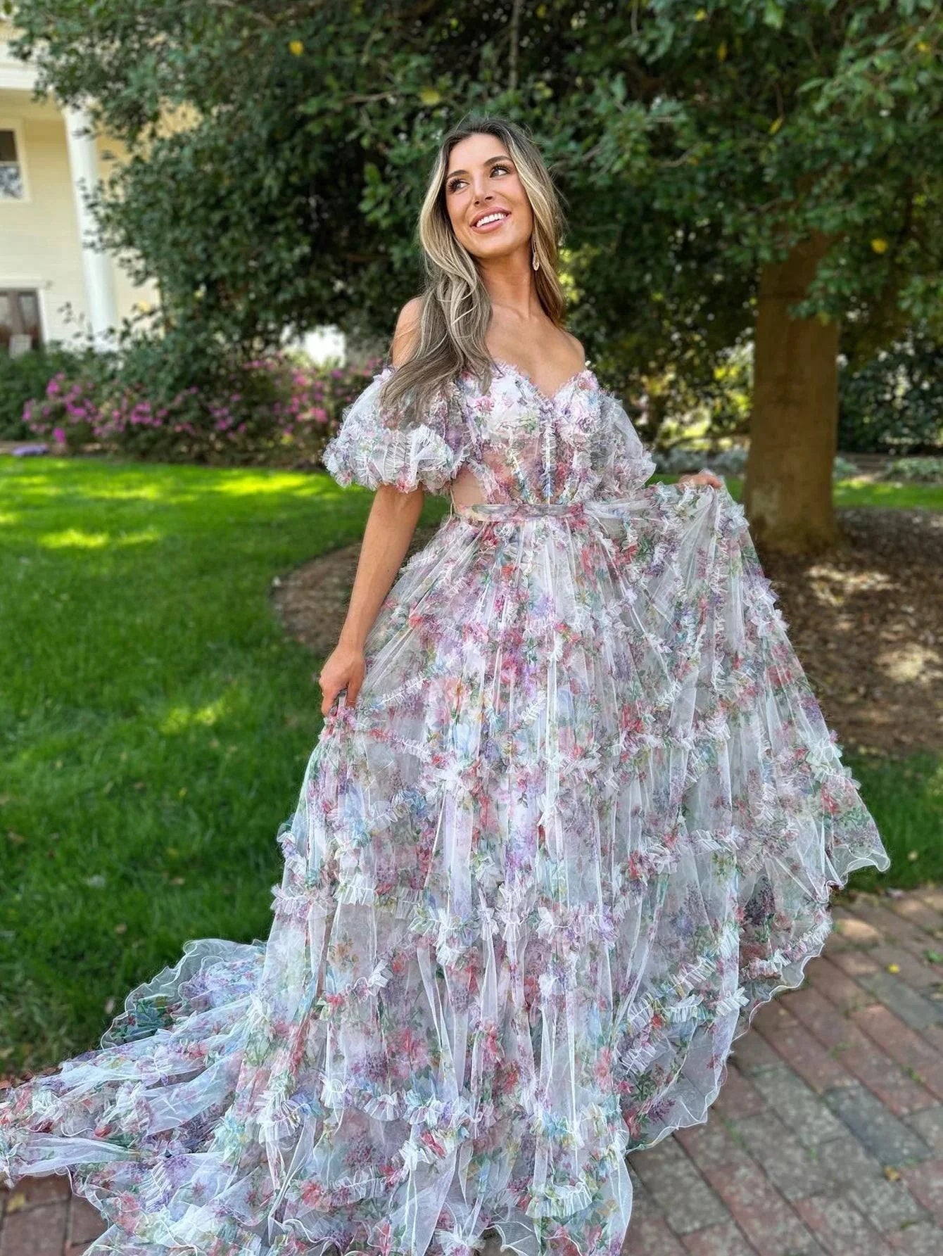 Sydney |A Line Sweetheart Printed Tulle Long Prom Dress by KissProm