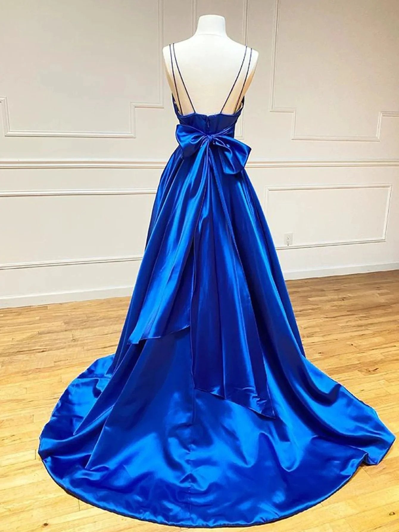Royal Blue Satin A Line V Neck Long Prom Dress With Bow Tie by KissProm