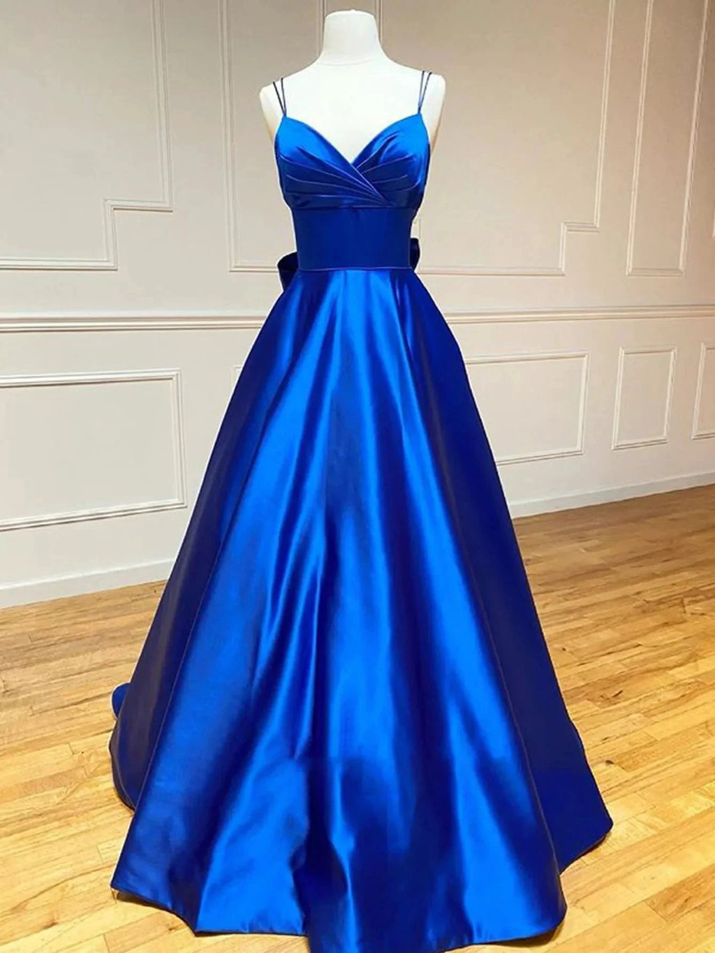 Royal Blue Satin A Line V Neck Long Prom Dress With Bow Tie by KissProm