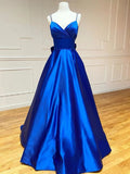Royal Blue Satin A Line V Neck Long Prom Dress With Bow Tie by KissProm
