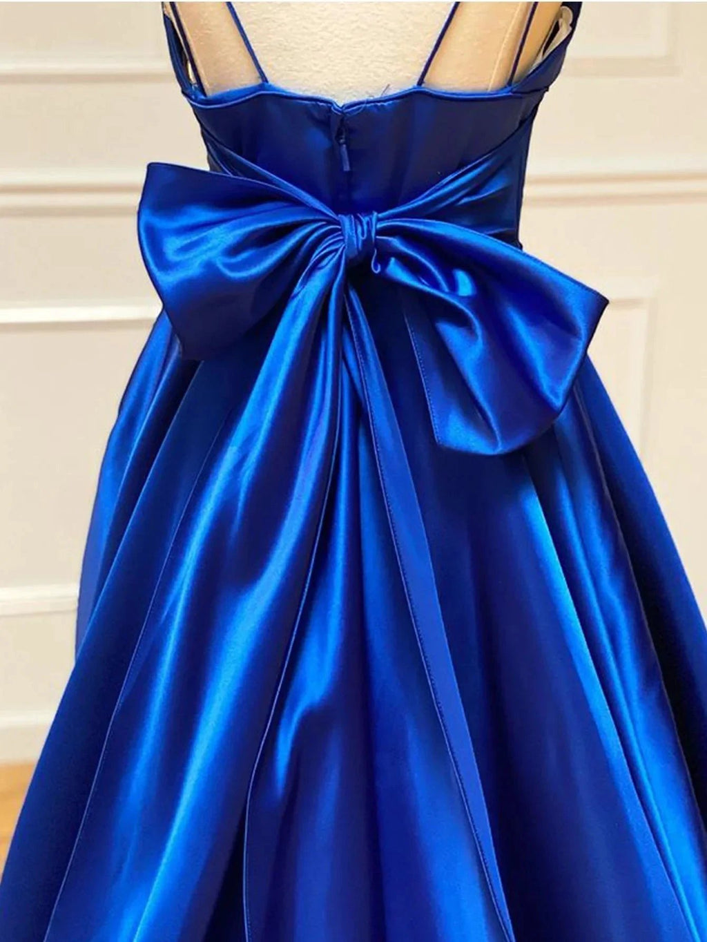 Royal Blue Satin A Line V Neck Long Prom Dress With Bow Tie by KissProm