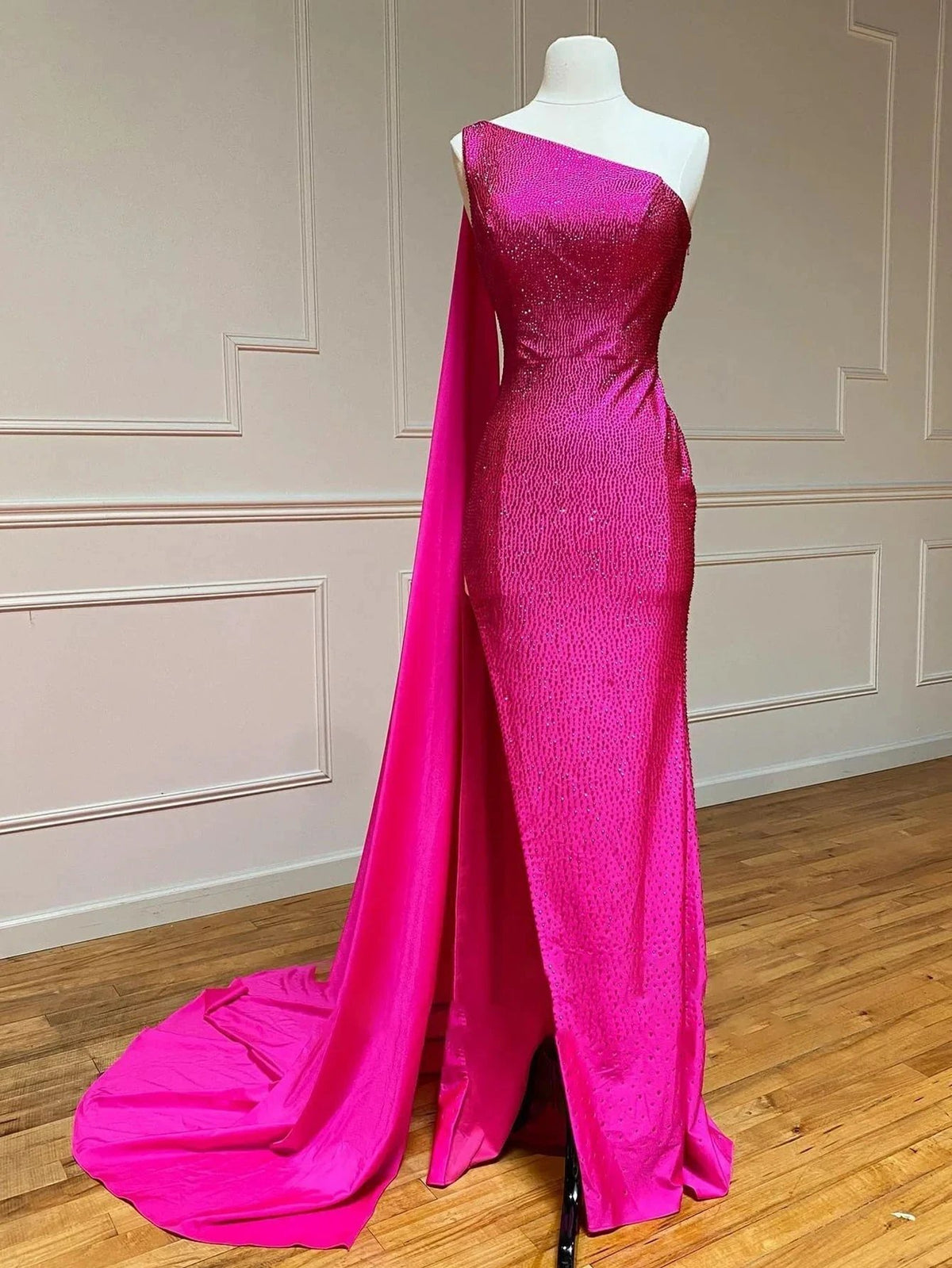 One Shoulder Glitter Mermaid Pink Long Prom Dress by KissProm