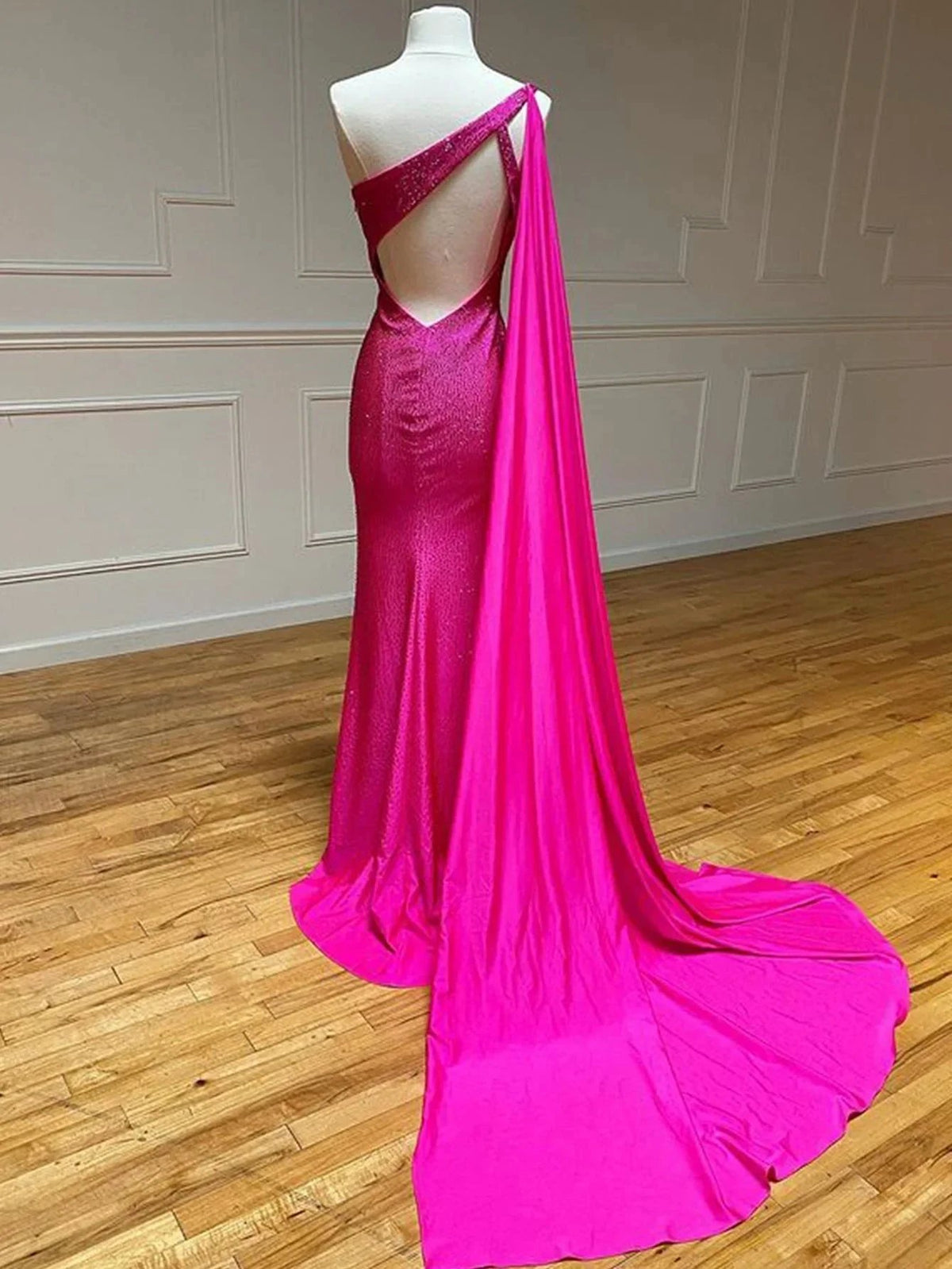 One Shoulder Glitter Mermaid Pink Long Prom Dress by KissProm