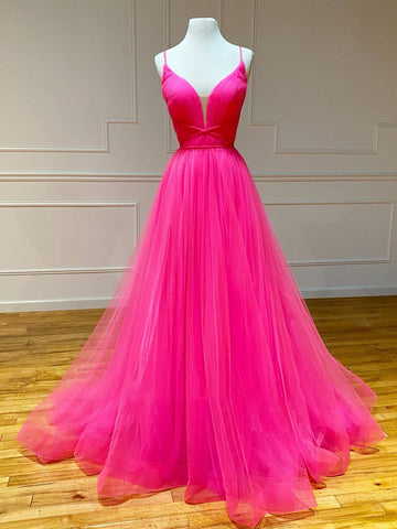 Vestido de fiesta largo de tul rosa con volantes y corte en A