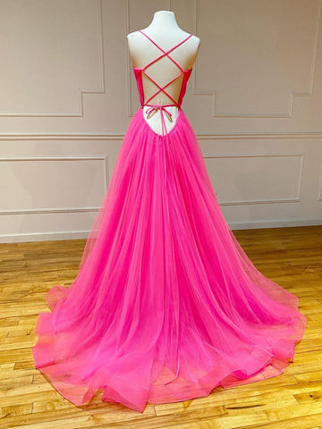 Vestido de fiesta largo de tul rosa con volantes y corte en A