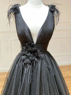 A Line Black V Neck Tulle Long Prom Dress by KissProm