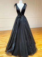 A Line Black V Neck Tulle Long Prom Dress by KissProm