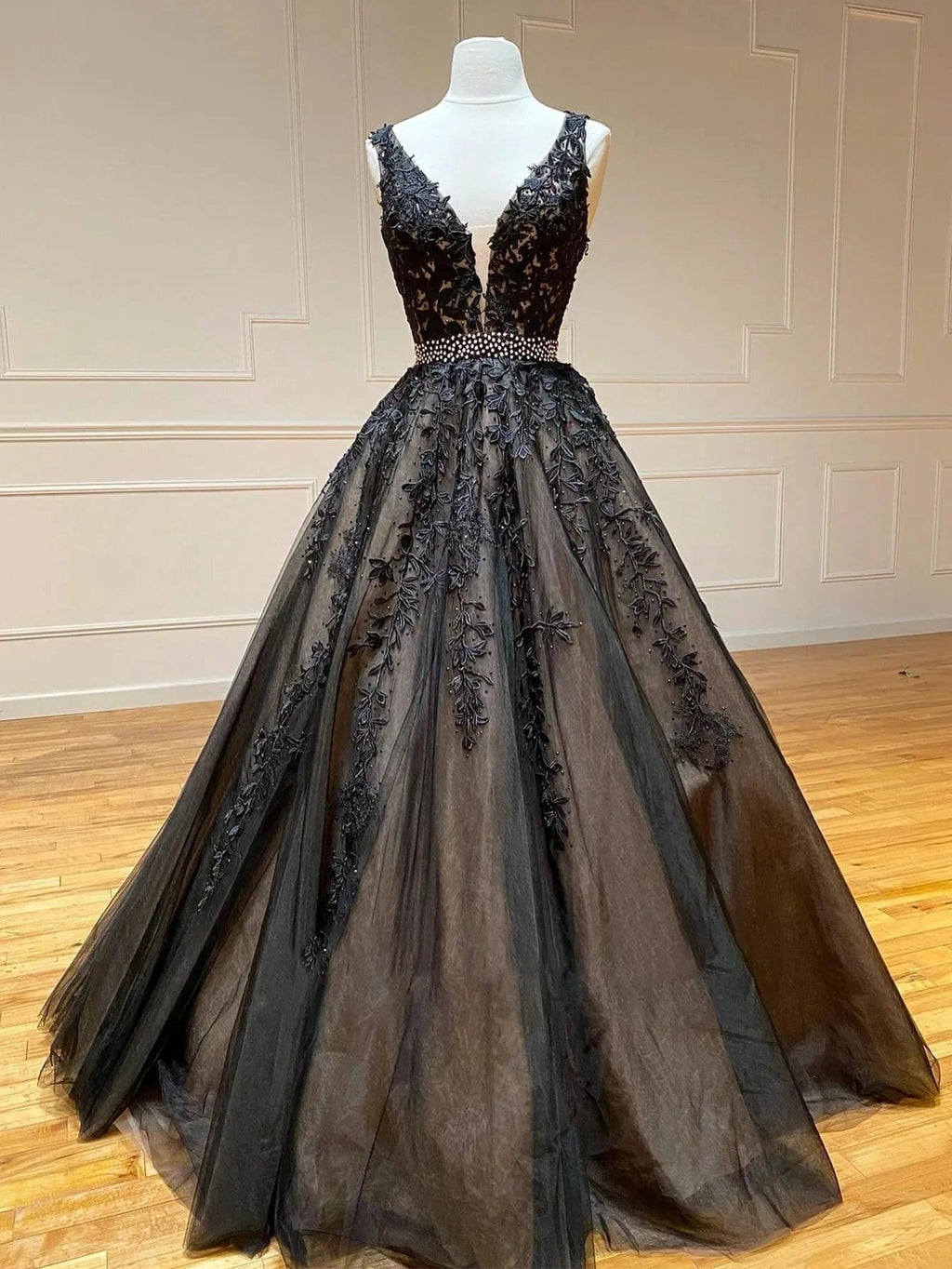A Line Black V Neck Lace Long Prom Dress by KissProm