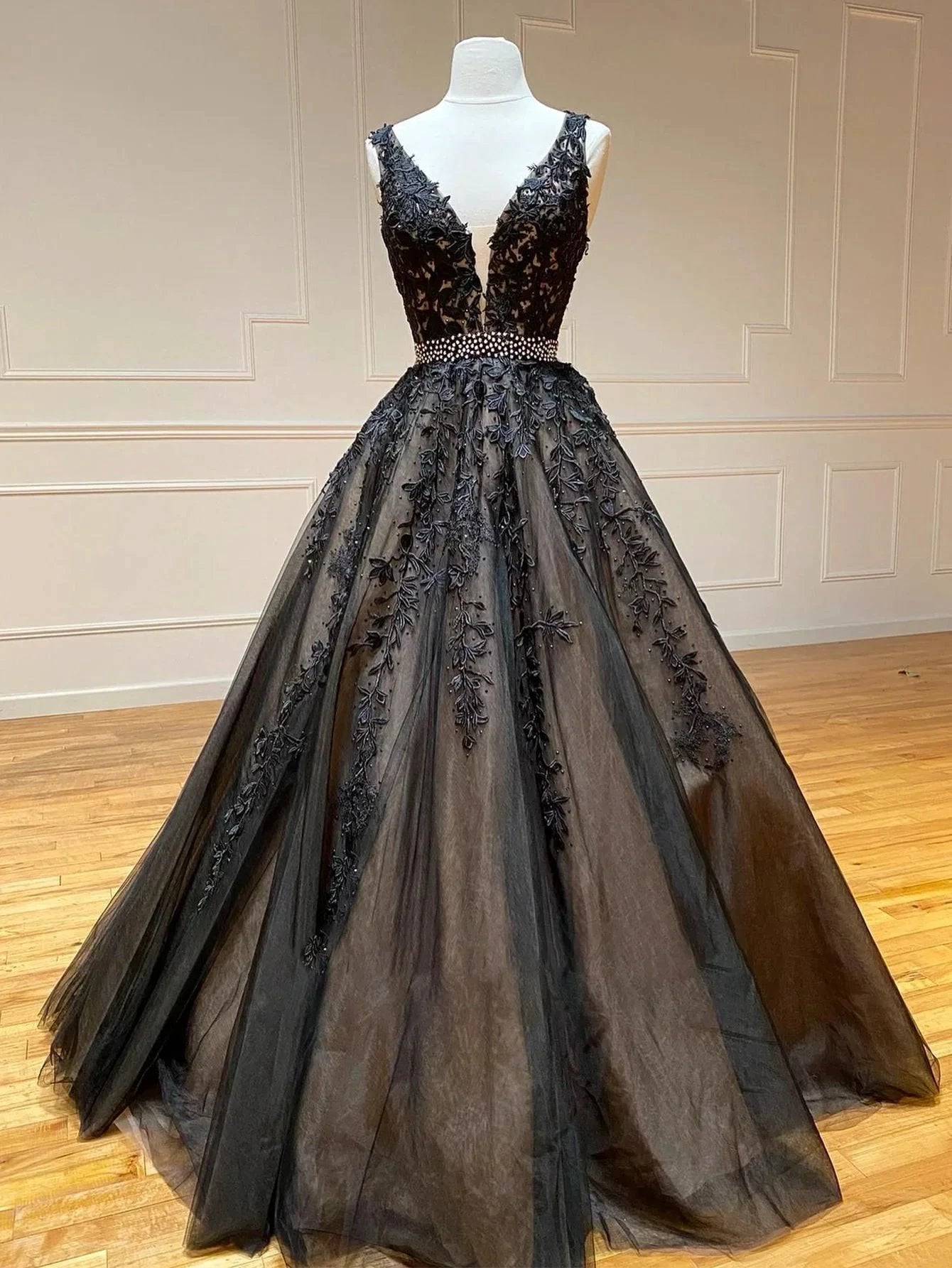 A Line Black V Neck Lace Long Prom Dress by KissProm