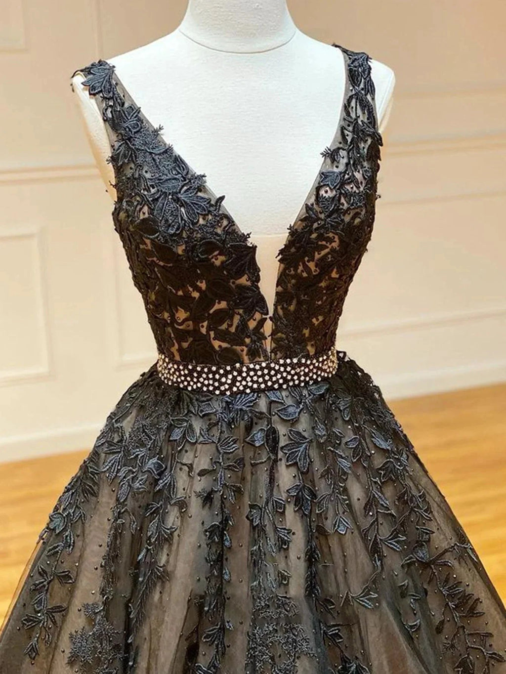 A Line Black V Neck Lace Long Prom Dress by KissProm