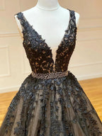 A Line Black V Neck Lace Long Prom Dress by KissProm