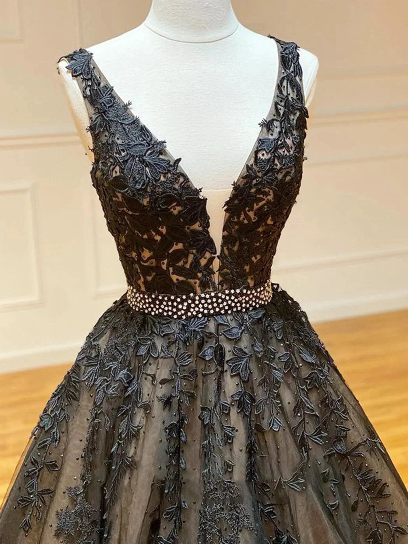 A Line Black V Neck Lace Long Prom Dress by KissProm
