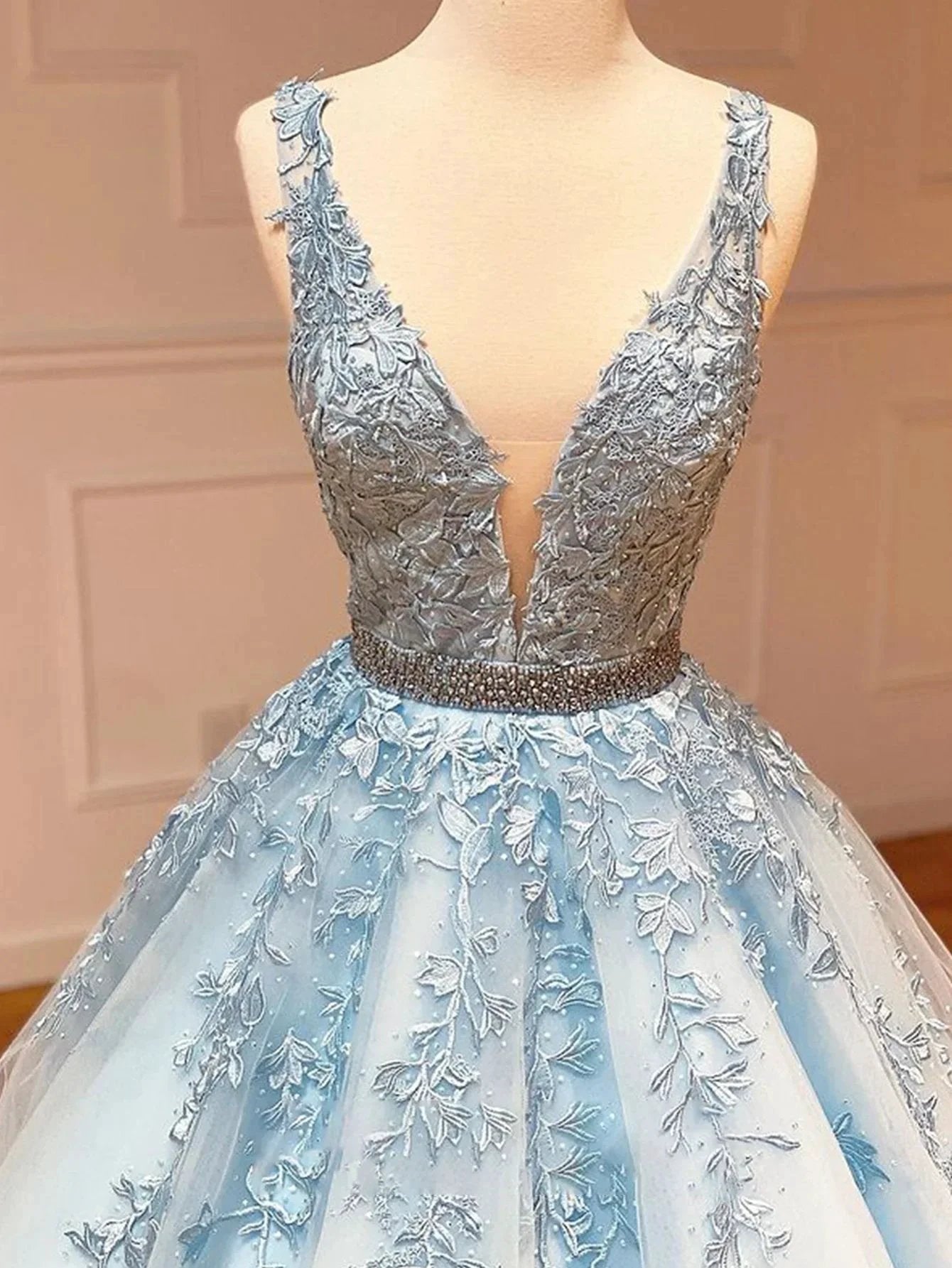 A Line Black V Neck Lace Long Prom Dress by KissProm