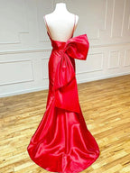 Red Satin Mermaid V Neck Long Prom Dress With Bow Tie by KissProm