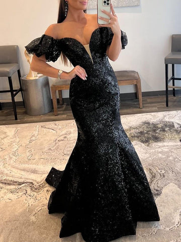 Schwarzes trägerloses langes Meerjungfrau-Ballkleid mit Pailletten