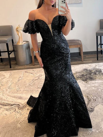 Schwarzes trägerloses langes Meerjungfrau-Ballkleid mit Pailletten