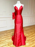 Red Satin Mermaid V Neck Long Prom Dress With Bow Tie by KissProm