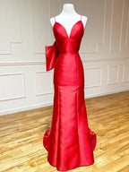 Red Satin Mermaid V Neck Long Prom Dress With Bow Tie by KissProm