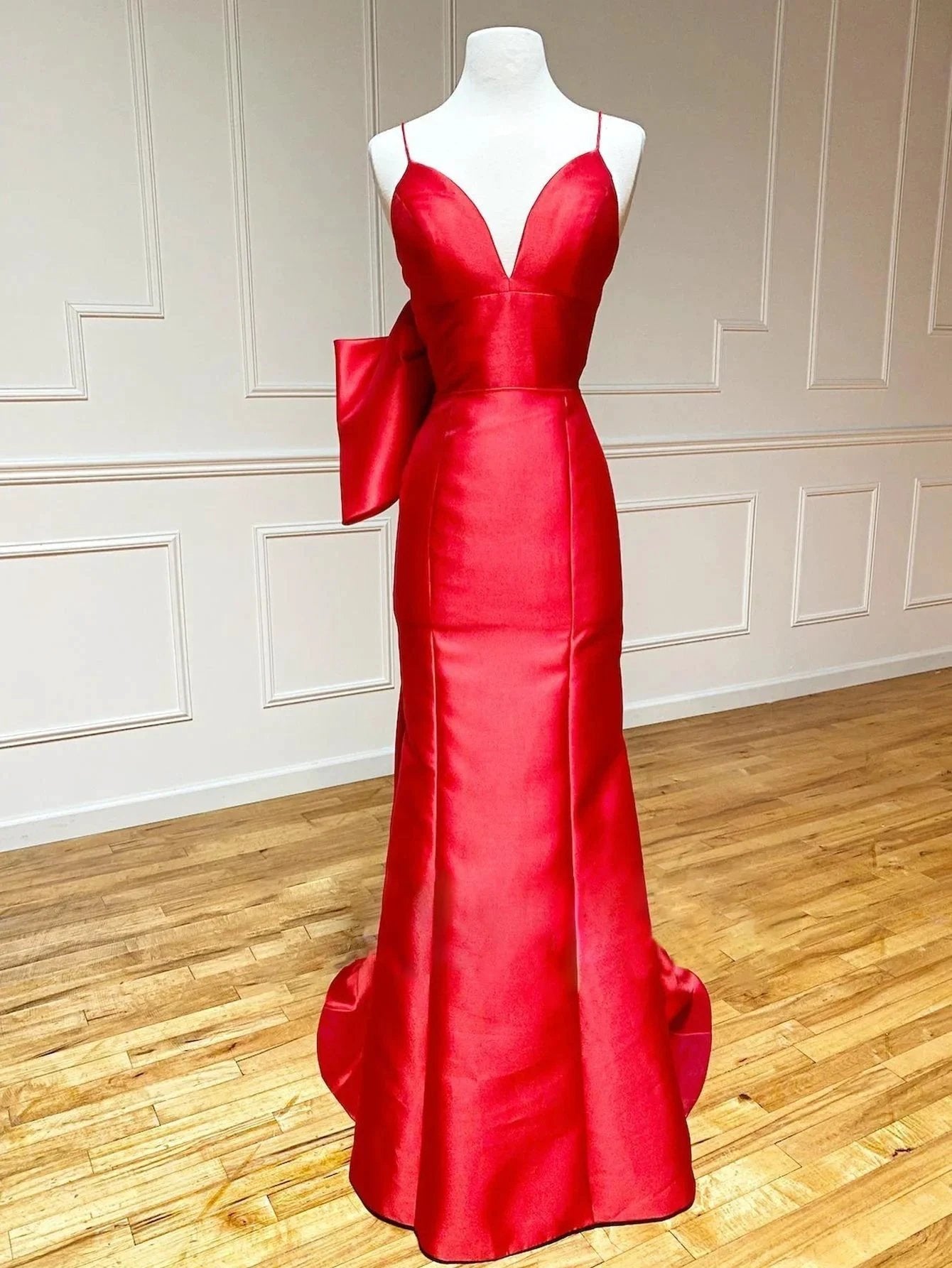 Red Satin Mermaid V Neck Long Prom Dress With Bow Tie by KissProm
