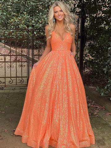 Hayden | Vestido de fiesta largo con lentejuelas, escote en V y corte A
