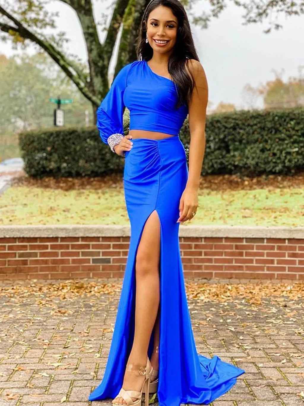 Satin Mermaid One Shoulder Two Pieces Set Black Long Prom Dress by KissProm