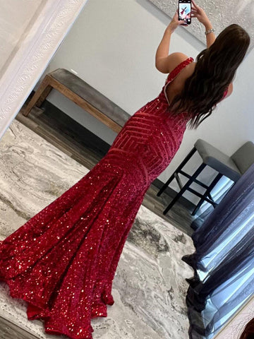 Nina | Vestido de fiesta largo estilo sirena con lentejuelas rosas y escote en V profundo