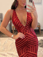 Nina |Deep V Neck Pink Sequins Mermaid Long Prom Dress by KissProm