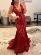 Nina |Deep V Neck Pink Sequins Mermaid Long Prom Dress by KissProm