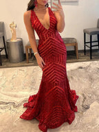 Nina |Deep V Neck Pink Sequins Mermaid Long Prom Dress by KissProm