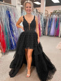 Black V Neck Asymmetrical Tulle Long Prom Dress by KissProm
