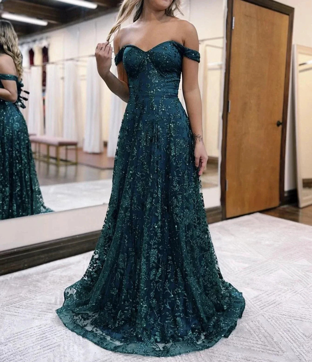 Glitter Mermaid Off The Shoulder Dark Green Long Prom Dress by KissProm