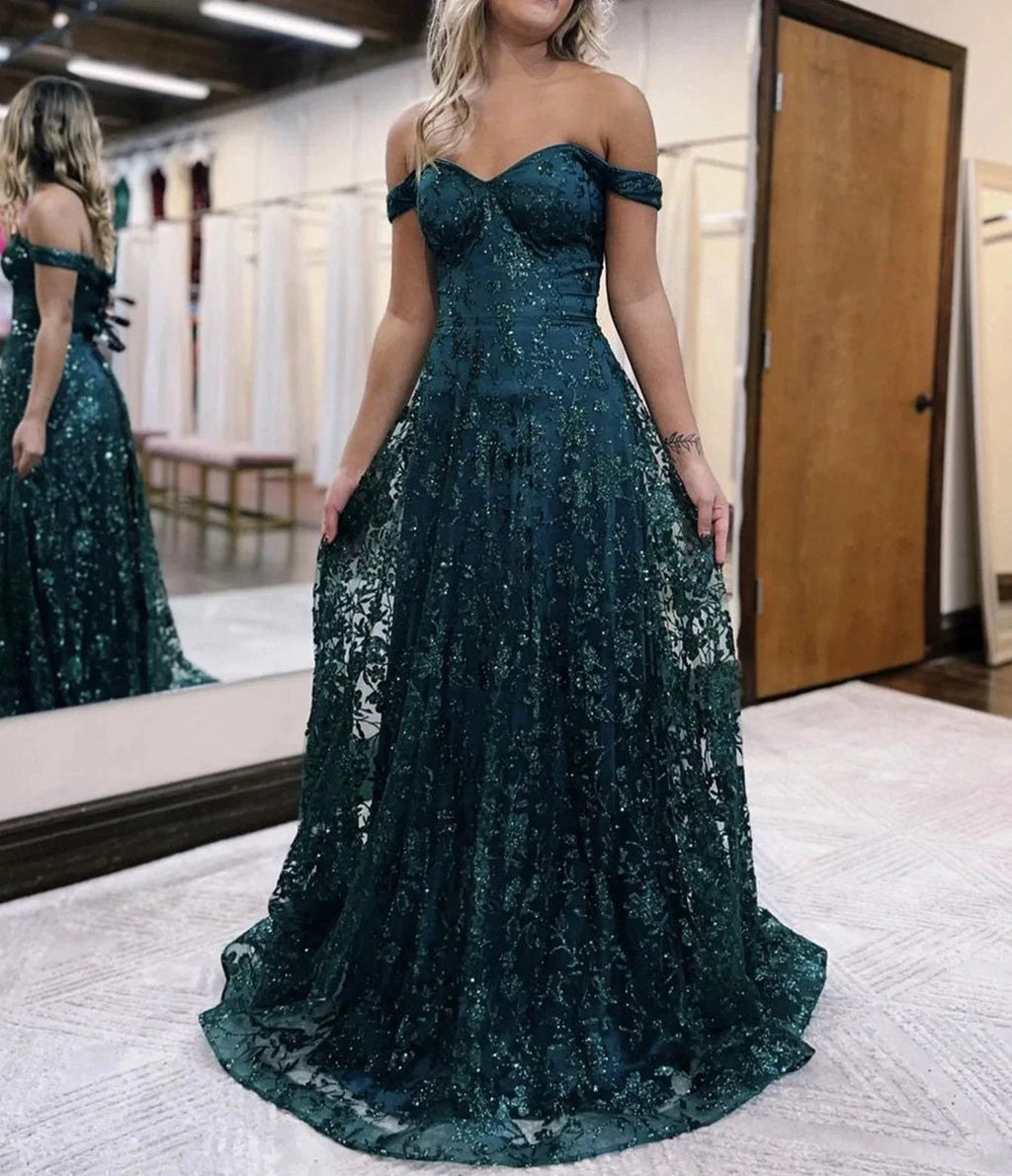 Glitter Mermaid Off The Shoulder Dark Green Long Prom Dress by KissProm