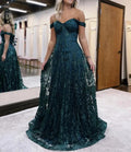 Glitter Mermaid Off The Shoulder Dark Green Long Prom Dress by KissProm