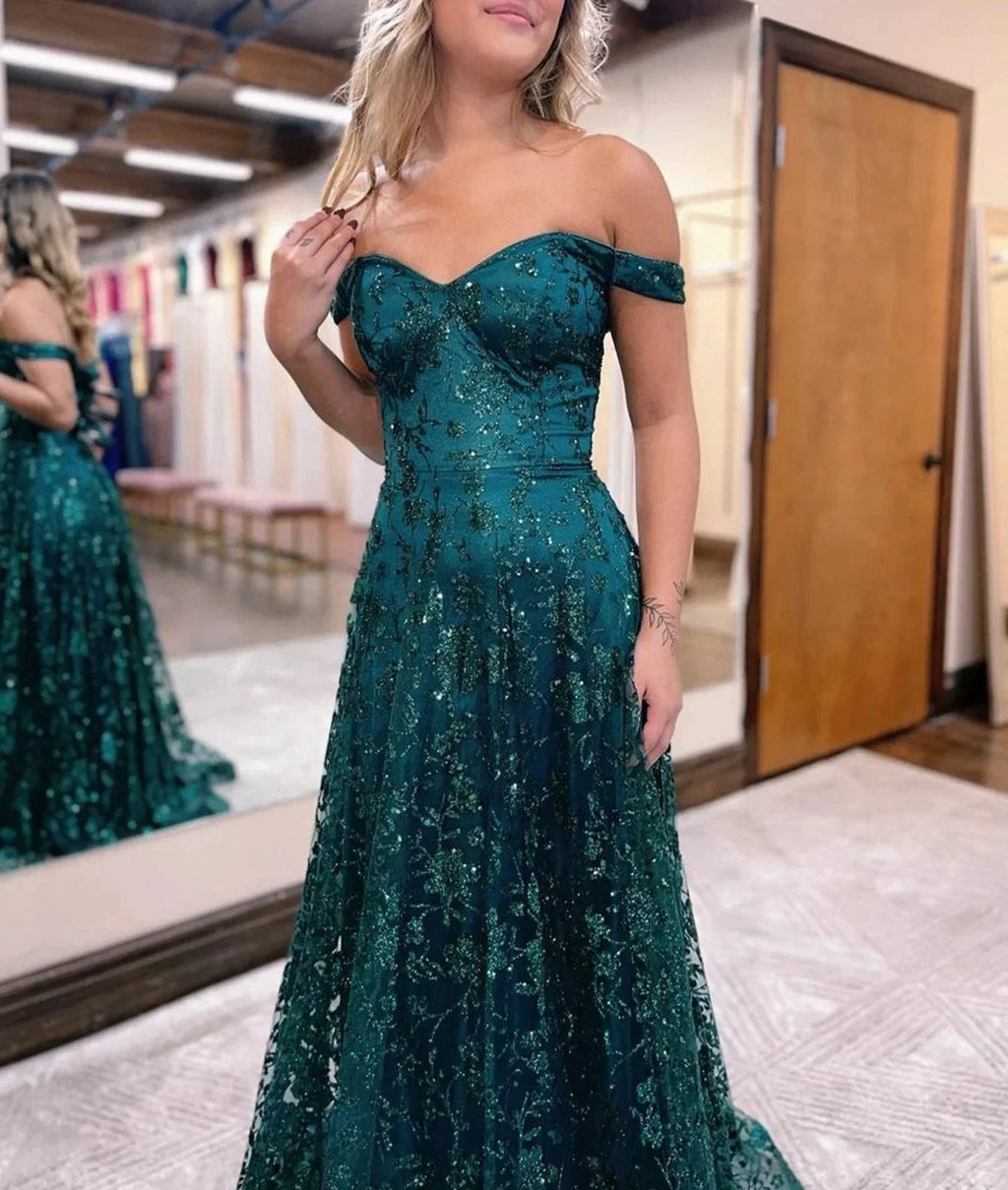 Glitter Mermaid Off The Shoulder Dark Green Long Prom Dress by KissProm