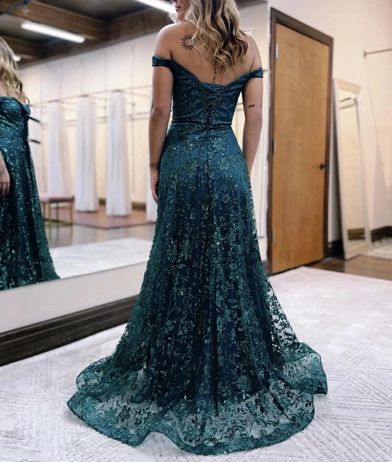 Glitter Mermaid Off The Shoulder Dark Green Long Prom Dress by KissProm