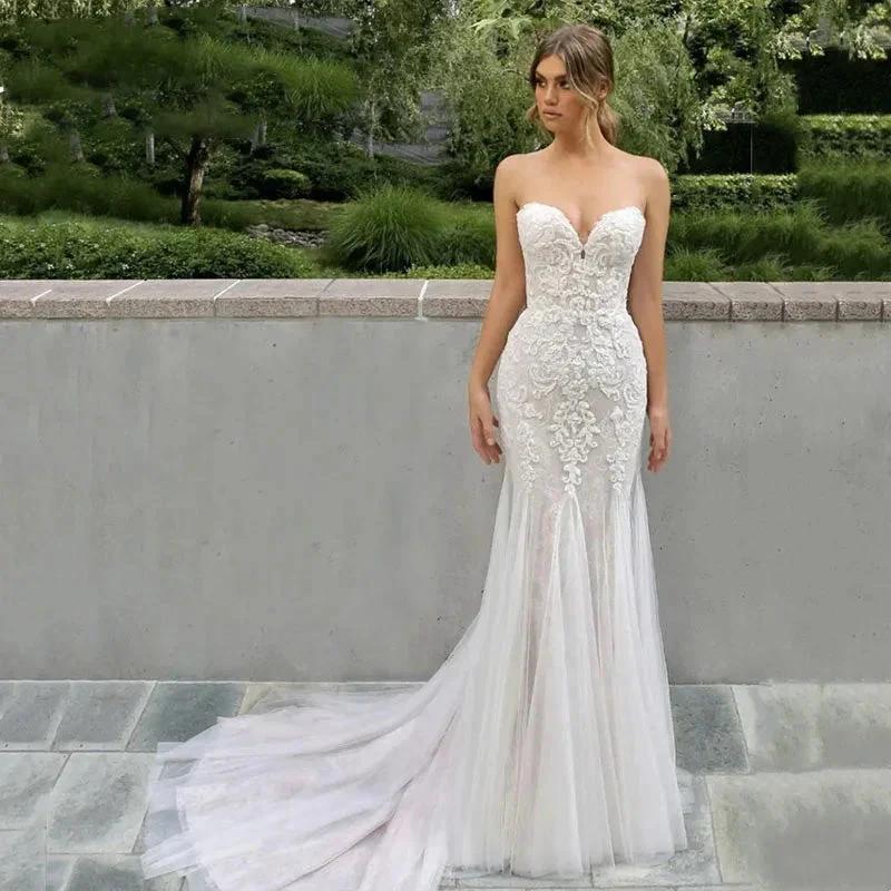 Elegant Lace Mermaid Wedding Gown Sweetheart Sleeveless Backless Floor Length Bride Dress Sweep Train Custom Made by payinti
