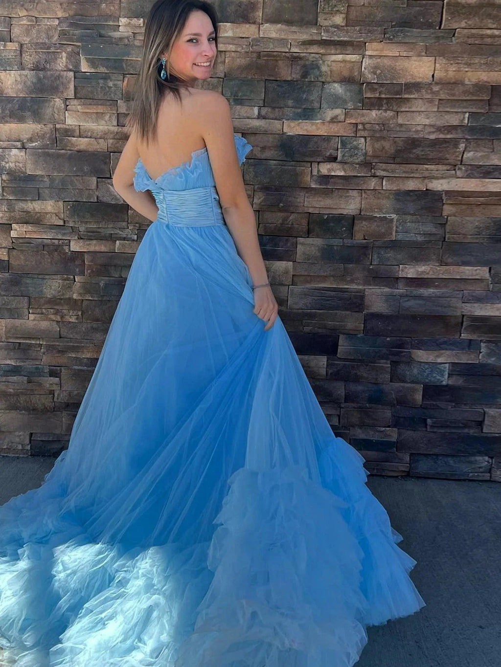 Alani |A-Line Strapless Pink Tiered Long Tulle Prom Dress by KissProm