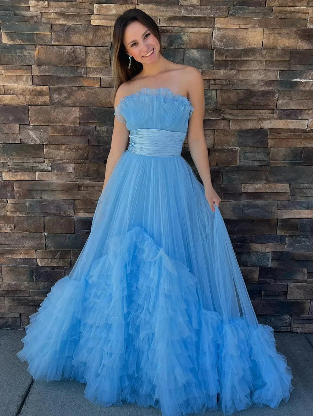 Alani |A-Line Strapless Pink Tiered Long Tulle Prom Dress by KissProm