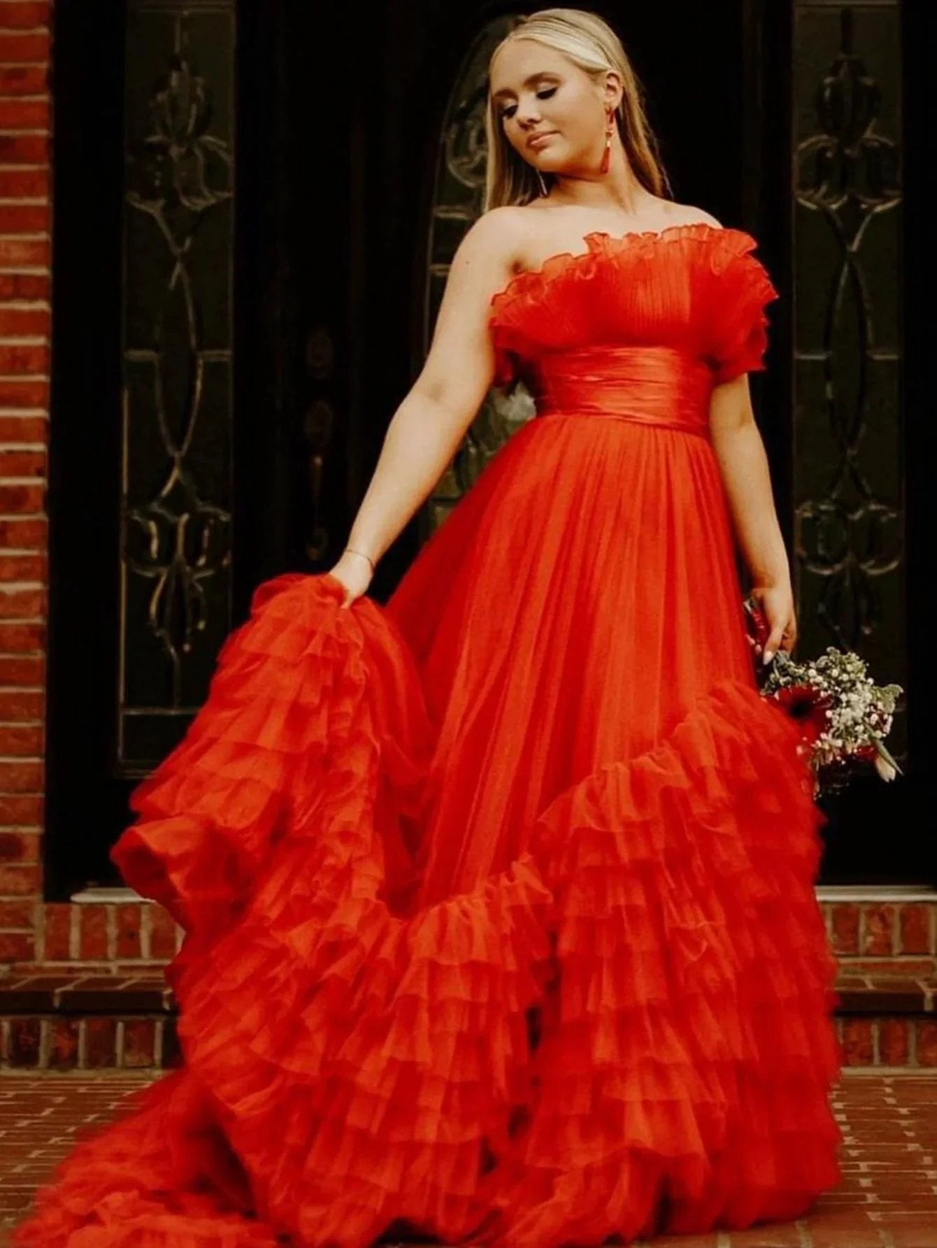 Alani |A-Line Strapless Pink Tiered Long Tulle Prom Dress by KissProm
