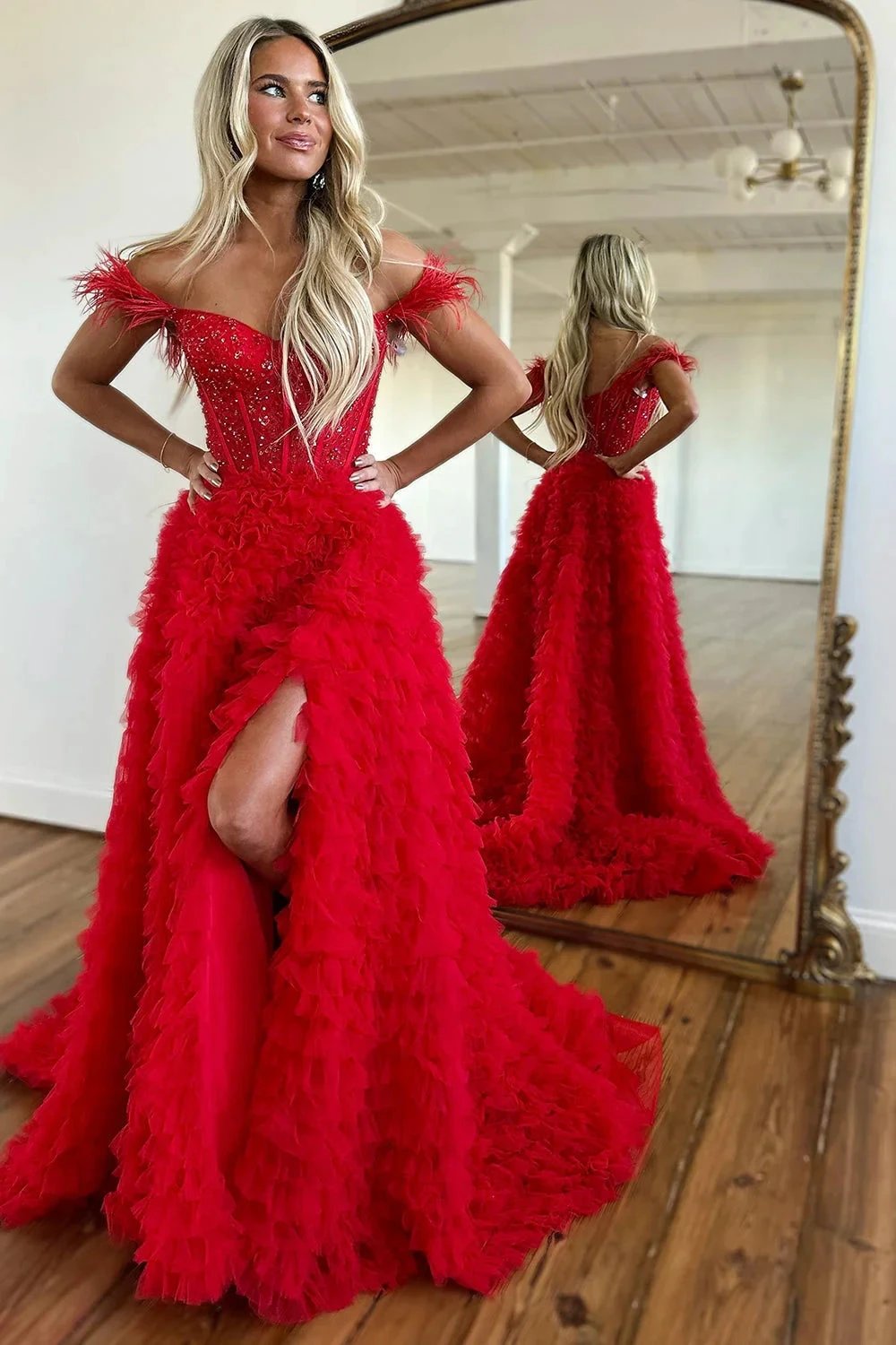 Ingrid |A Line Sweetheart Tiered Tulle Long Prom Dress With Slit by KissProm