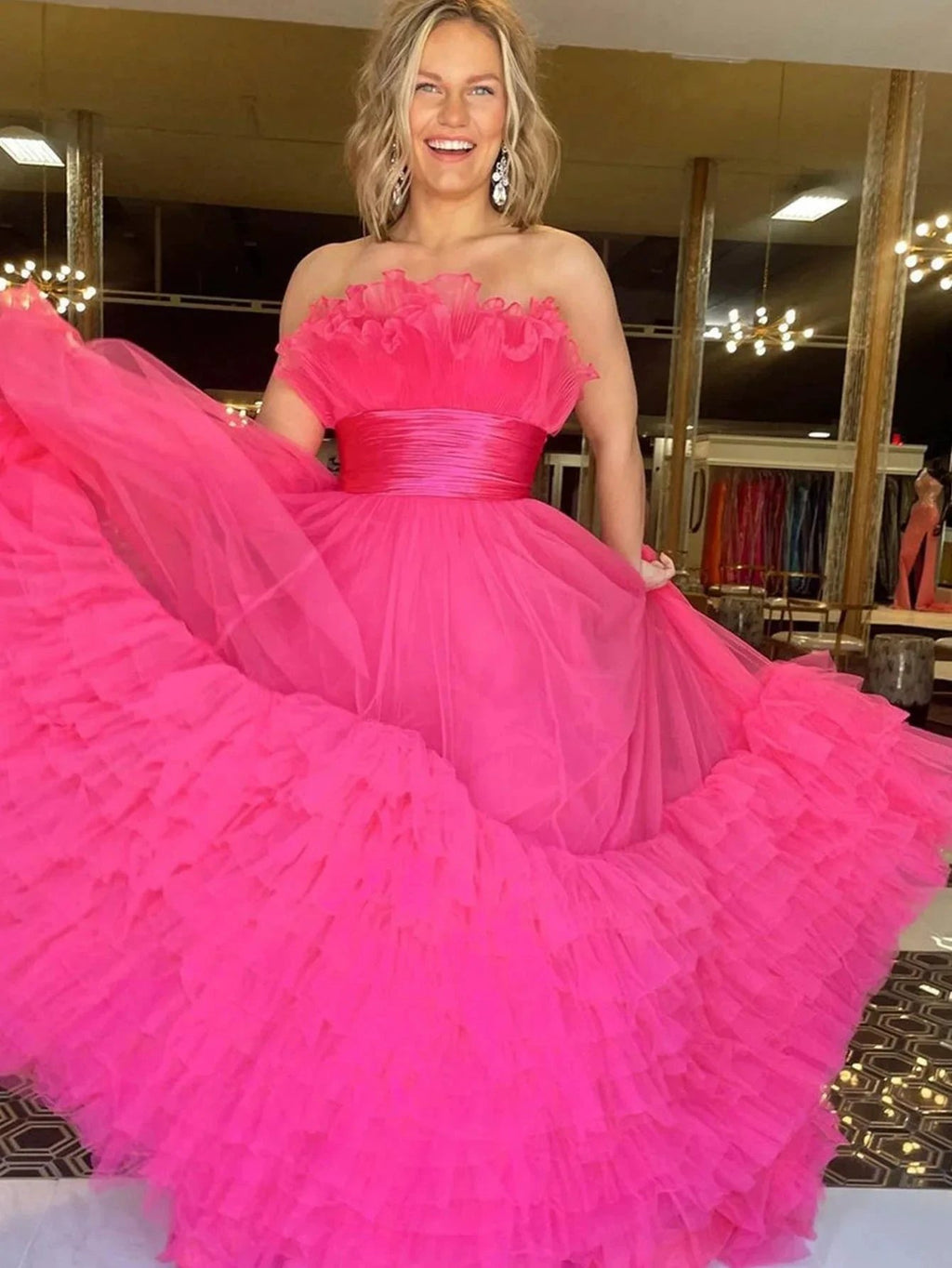Alani |A-Line Strapless Pink Tiered Long Tulle Prom Dress by KissProm