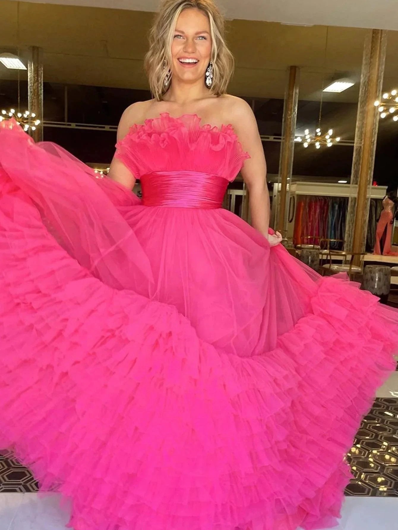 Alani |A-Line Strapless Pink Tiered Long Tulle Prom Dress by KissProm