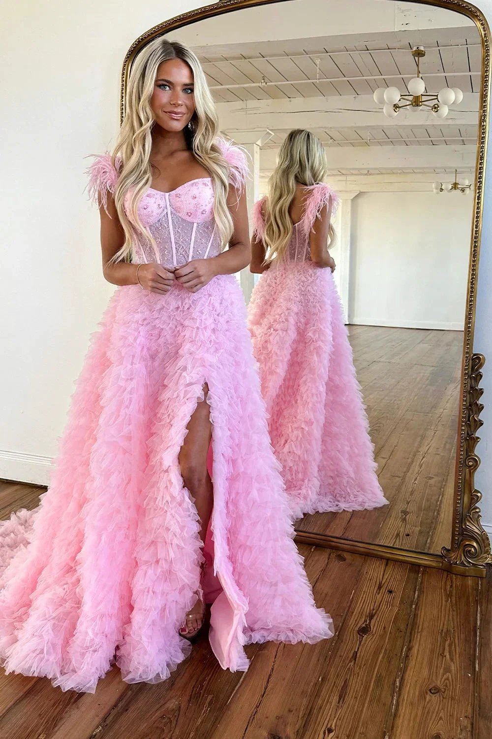 Ingrid |A Line Sweetheart Tiered Tulle Long Prom Dress With Slit by KissProm