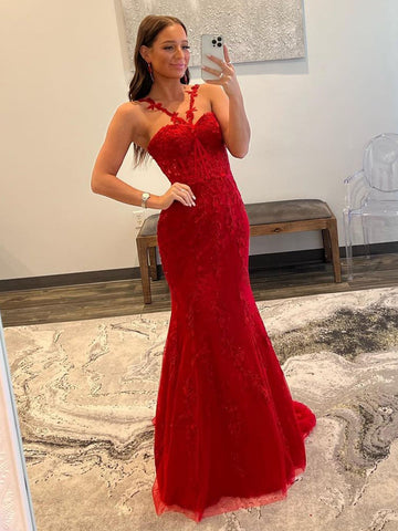 Morgan | Vestido de fiesta largo de sirena con cuello halter y encaje rojo