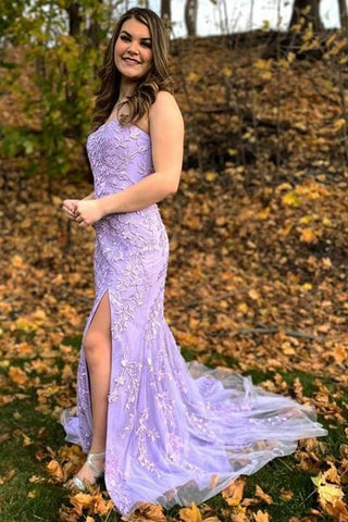 Camryn | Vestido de fiesta largo de encaje sin tirantes estilo sirena con abertura