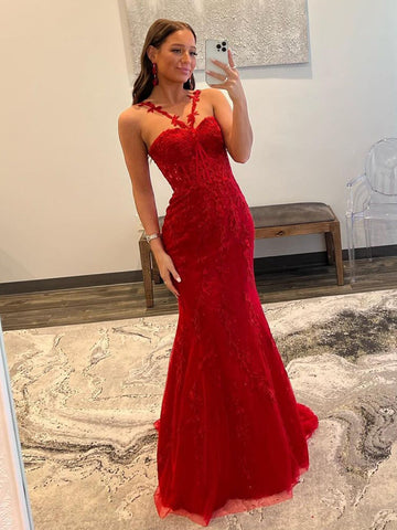 Morgan | Vestido de fiesta largo de sirena con cuello halter y encaje rojo