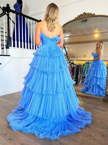 Vanessa | Vestido de fiesta de tul arrugado con capas y corte A sin tirantes