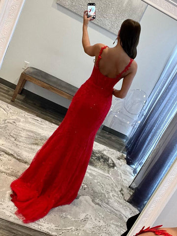 Morgan | Vestido de fiesta largo de sirena con cuello halter y encaje rojo
