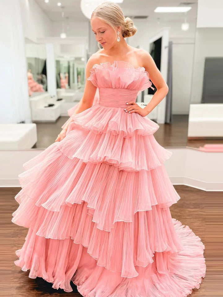 Vanessa |Strapless A-Line Tiered Crinkled Tulle Prom Dress by KissProm