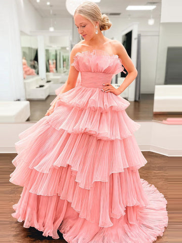 Vanessa | Vestido de fiesta de tul arrugado con capas y corte A sin tirantes